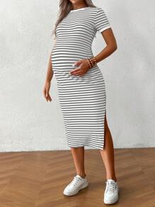 SHEIN Maternity Round Neck Short Sleeve Striped Fashionable Simple Split Elegant Soft Charm Dress
