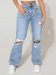 SHEIN PETITE High-Waisted Ripped Loose Y2K Autumn And Winter Warm Jeans Thermal Denim - Baby Blue - View 5