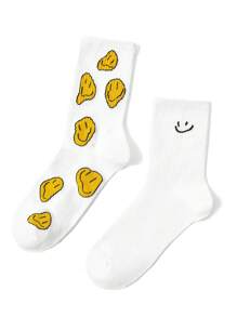 Alice Artist Dark 2 双 Kawaii 可爱脸图案中筒袜，节日 - 白色 - 查看 2