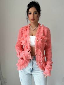 Elenzga Ladies' Long Sleeve Cardigan With Fringed Edges, Casual Holiday Fall Winter - Pink - View 4