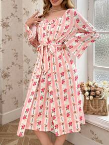 Romantic Floral Print Ruffle Hem Cami Nightgown And Robe Set, Countryside Style - Pink - View 6