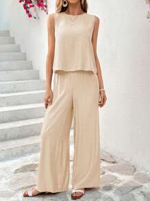 SHEIN Essnce Bộ đồ hai mảnh áo cổ tròn không tay màu trơn và quần thường ngày cho nữ - Màu be - Xem 1