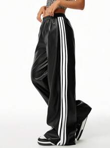 Coolane Women's  Streetwear Casual Leather Banded Texture Decoration Wide Leg Pants,Back To School Clothes,Black Leather Pants - Black - View 4