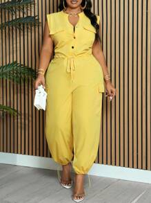 Slaydiva Plus Size Elegant & Daily Wear V-Neck Sleeveless Jumpsuit, Yellow. Featuring Drawstring Waist, Zipper Placket, Workwear Pockets, And Adjustable Cuffed Hem, Perfect For Spring/Summer. - Yellow - View 5