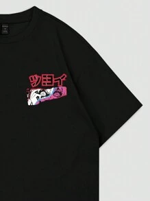 ROMWE MEN Men's Anime Printed Short Sleeve T-Shirt Suitable For Daily Wear In Spring And Summer, School - Black - View 3
