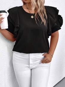 SHEIN Clasi Plus Size Women's Solid Color Simple Daily Short Sleeve Shirt - Black - View 5