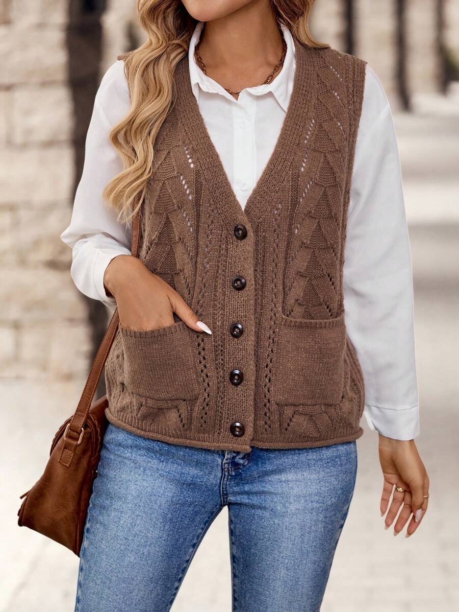 EMERY ROSE Women's V-Neck Single Breasted Pocketed Sleeveless Textured Loose Fit Sweater Vest For Daily Casual Wear In Fall/Winter - Brown - View 1