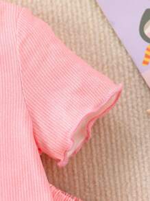 Baby Girls' Coral Pink Simple & Casual Embroidered Pants & Short Sleeve Homewear Set - Coral Pink - View 3