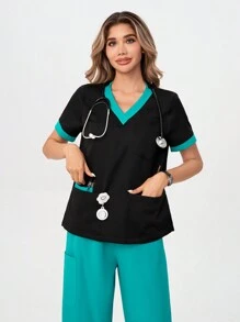 TaskEZ 女士撞色边饰 4 口袋上衣 - 黑色，配青色边饰拼色短袖制服上衣 手术服上衣 - 舒适工作制服 - 彩色 - 查看 6
