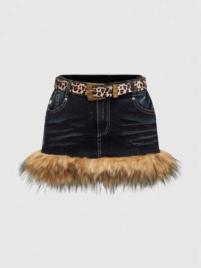 Grunge Punk Shibuya Gal Y2K Subculture Leopard Print Waistband & Fringe Hem Sexy Slim-Fit Denim Mini Skirt, School