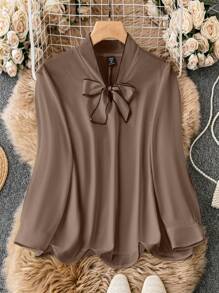 SHEIN Clasi Plus Size Women's Solid Color Simple Daily Wear Collar Tie Commuting Contrast Color Shirt Fall Cloth For Women - Coffee Brown - View 1