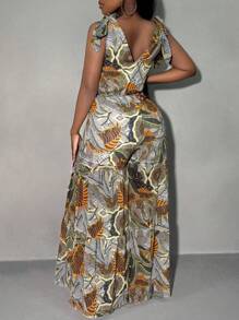 SHEIN SXY 夏日假期海灘BOHO女士花卉印花假日連身褲，有肩帶，前交叉設計和三層荷葉邊緣設計 - 卡其色 - 查看 2