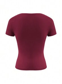 Women's Summer Solid Color V-Neck Short Sleeve Sexy Cinched Waist Y2K Fitted T-Shirt - 酒紅色 - 查看 4