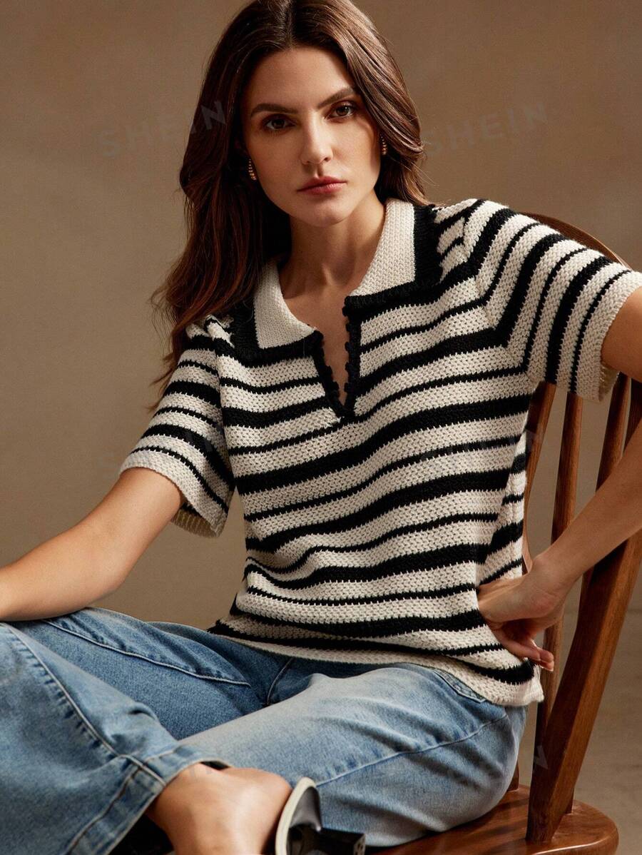 Anewsta Parte superior de punto de manga corta con bloques de color negro y blanco a rayas, estilo urbano casual, para primavera/verano - Blanco y Negro - Ver 1