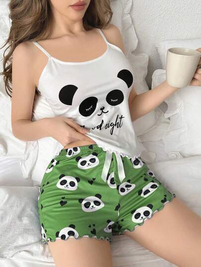 Conjunto de pijama para mujer con parte superior de tirantes y shorts con estampado de panda y letras