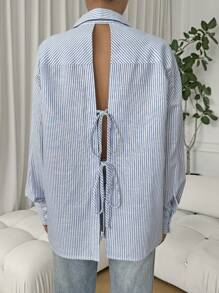 SHEIN EZwear Damska bluzka z kołnierzykiem i długim rękawem, w paski z wycięciem i wiązaniem w talii - Niebieski i biały - Zobacz 6