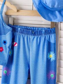 Girls' Beach Vacation Printed Top + Printed Jeans Set - Blue - View 3