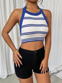 Chiquease Women's Casual Striped Short Cropped Knit Top With Halter - Multicolor - View 5