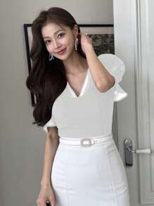 DAZY Women's Solid Color Patchwork V-Neck Lace Short Sleeve Ruffle Hem Shirt, Casual Daily Wear - White - View 3