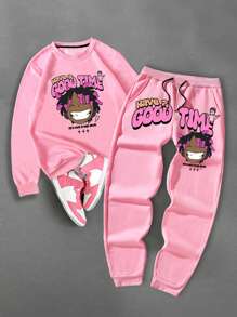 Manfinity Homme 男士卡通字母图案保暖连体卫衣和运动裤套装，男士时尚流行嘻哈脏辫卡通超大印花粉色圆领毛衣和裤子套装，超大图案两件套，街头服饰，外出，图案，趣味，纯色，情侣装，男士粉色两件套，男士粉色套装，粉色男士套装，秋冬服装 - 粉色 - 查看 3