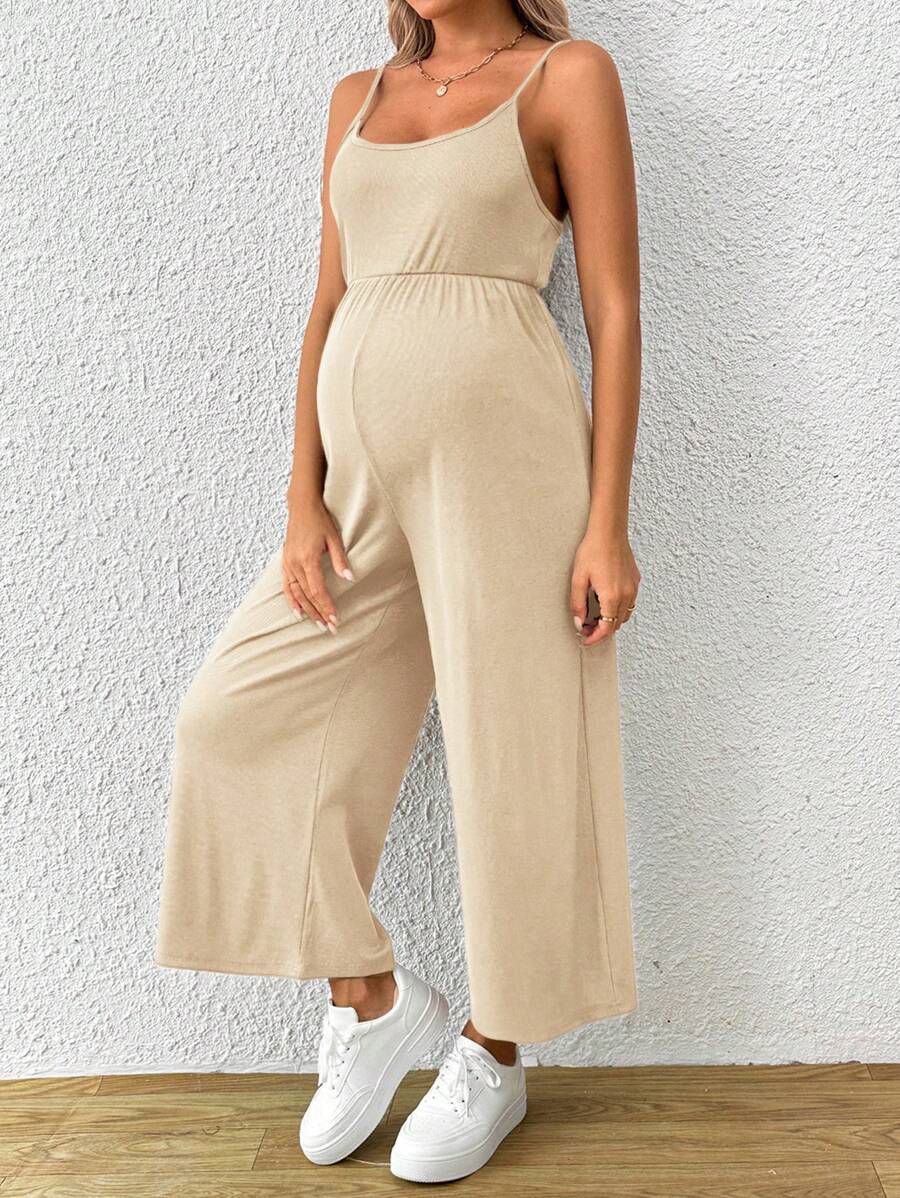SHEIN Maternity Solid Color Simple Fashionable Casual Backless Jumpsuit With Thin Straps For Daily Wear - Apricot - View 1