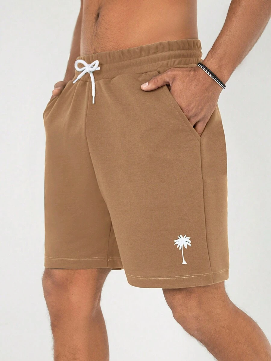 SHEIN Cottnline Men's Simple Printed Lace-Up Shorts - Camel - View 1