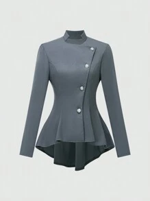 SHEIN Unity Women's Solid Color Simple Daily Woolen Big Swing Coat - Grey - View 4