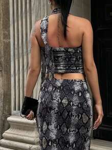 INAWLY Atasan Tanpa Lengan Model Halter Neck Berlipit dengan Motif Kulit Ular untuk Wanita di Musim Panas, Potongan Slim Fit - Dark Grey - View 2
