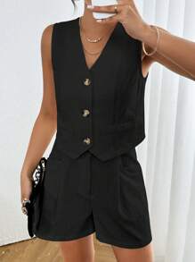 Chiquease Women's Summer Casual Solid Color Waistcoat Shorts Suit - Black - View 6