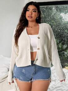 Flirla 大码女式纯色简约日常长袖针织开衫，适合冬季 - 白色 - 查看 4