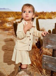 SHEIN Conjunto de top y falda de textura sólida de manga larga para bebé niña, ideal para vacaciones de ocio - Caqui - Ver 6