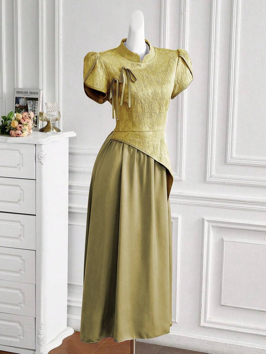 Modelyn فستان سهرة طويل أنيق للنساء، بطبعات جاكار صيفي، طبقات ياقة عالية وأكمام بتلة