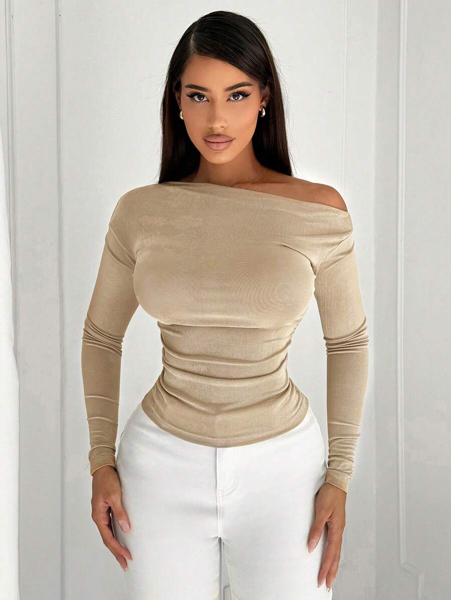 SHEIN SXY 性感简约镂空不对称长袖 T 恤，适合办公室通勤 - 卡其色 - 查看 1