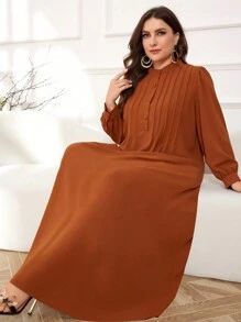 Al Najma 纯色褶皱细节衬衫阿拉伯连衣裙，适度全长超长长袖日常连衣裙 - 棕色 - 查看 1