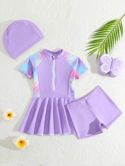 3 件套年轻女孩专业游泳泳衣套装，美人鱼风格，防暴露泳衣