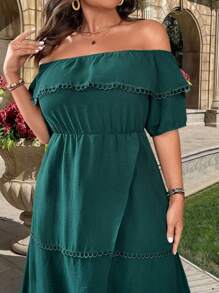 SHEIN LUNE Plus Size Đầm voan phối ren màu trơn dành cho nữ với đường viền cổ trễ vai - Màu xanh lá cây đậm - Xem 6
