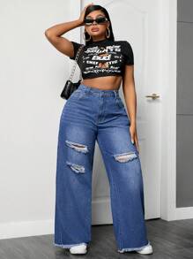SHEIN ICON Plus Size Women's Loose-Fit Casual Denim Wide-Leg Pants With Ripped Design And Pockets - Dark Wash - View 4