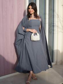 Al Najma Women's Solid Color Simple Daily Long Sleeve Jacket And Dress Two-Piece Set - Dusty Blue - View 1