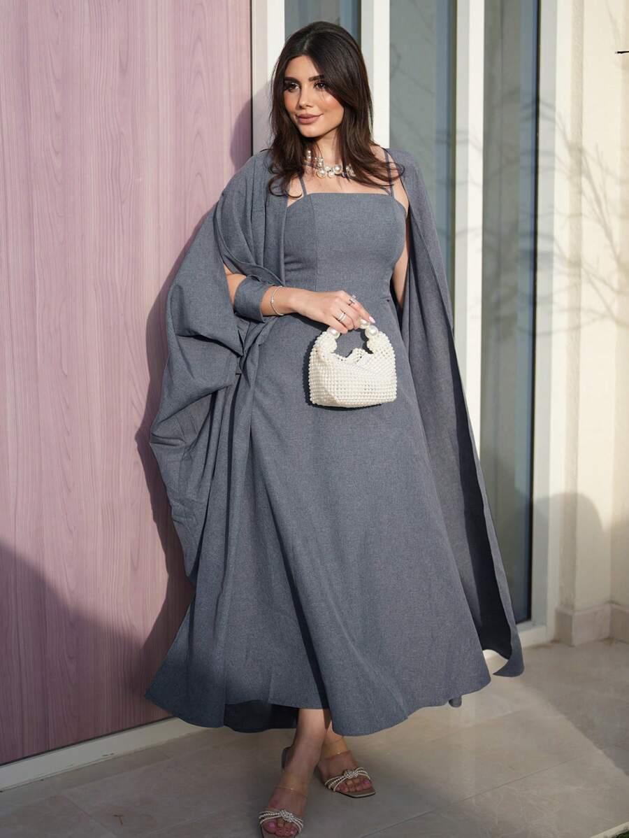 Al Najma Women's Solid Color Simple Daily Long Sleeve Jacket And Dress Two-Piece Set - Dusty Blue - View 1