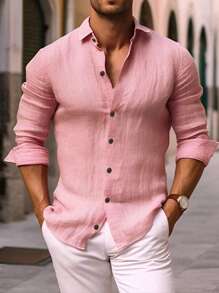Men's Spring And Summer Solid Color Casual Shirts / Daily Commuting / Dad's Go- To Shirt - Pink - View 1