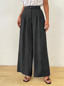 SHEIN Clasi Mùa hè dành cho nữ, quần ống rộng có họa tiết giả vải lanh đơn giản thanh lịch phía trước có chi tiết xếp ly và túi - màu đen - Xem 3