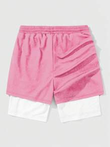 ROMWE MEN Street Life Summer Casual Graphic Pink Men'S 2 In 1 Dragon Printed Sports Basketball Breathable Shorts, Suitable For Daily Wear In Spring And Summer, School - Pink - View 2