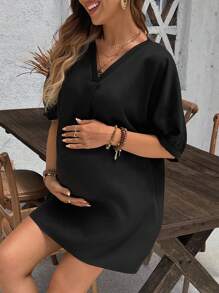 SHEIN Vestido negro de verano casual para mujeres embarazadas con escote en V