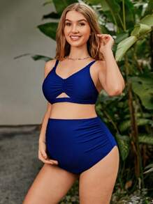 SHEIN 孕妇纯色简约日常比基尼套装，孕妇泳衣夏季 - 藏蓝色 - 查看 5