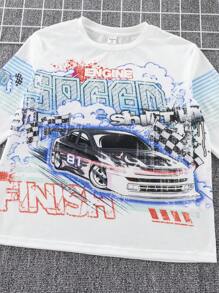 SHEIN Leap Crew Tween Boy's Racing Letter Ombre Print Long Sleeve T-Shirt - White - View 3