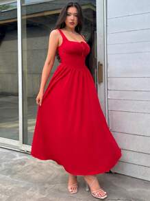 Firerie Romantisches rotes langes Kleid mit quadratischem Ausschnitt für Damen - Rot - Übersicht 5