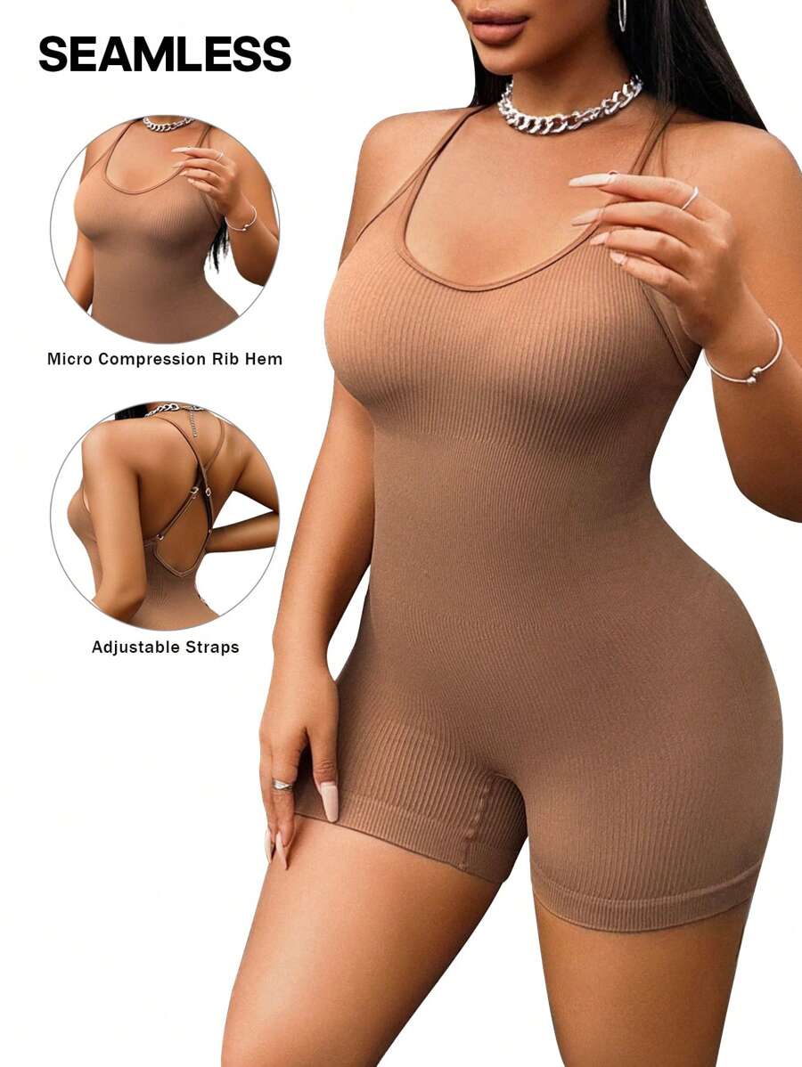 Zolique Women's Backless Criss-Cross Seamless Knitted Jumpsuit For Flattering Back - Coffee Brown - View 1