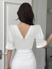 DAZY Women's Solid Color Patchwork V-Neck Lace Short Sleeve Ruffle Hem Shirt, Casual Daily Wear - White - View 2