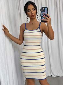 Chiquease 女性條紋休閒無袖毛衣連衣裙，春季/夏季款