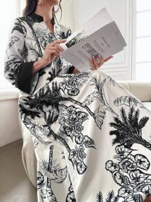 Al Najma 女士随机印花简约日常土耳其长袖阿拉伯连衣裙，卡夫坦 - 黑色 - 查看 3